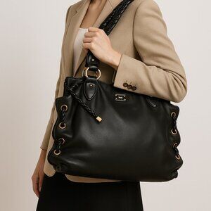 Michael Kors Black Leather Braided Handle Tote Satchel Whipstitch Grommet Large